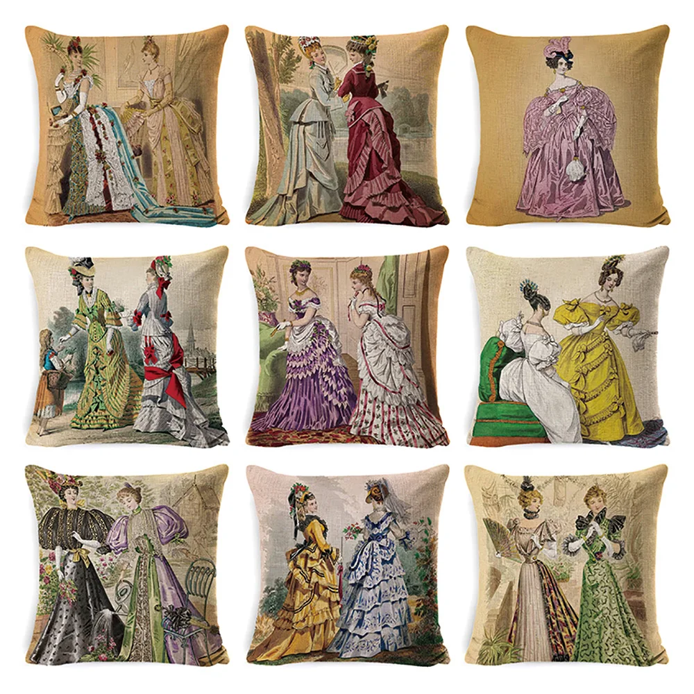 

Retro Europe Lady Coloured drawing Printing Linen Cotton Pillow Cases For Sofa Car Gift Throw Pillowcase Home Decoration 45x45cm