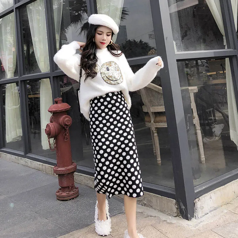 Корейский стиль осень зима классический винтаж изысканный красивый горошек узор высокая талия трикотажная прямая женская длинная юбка