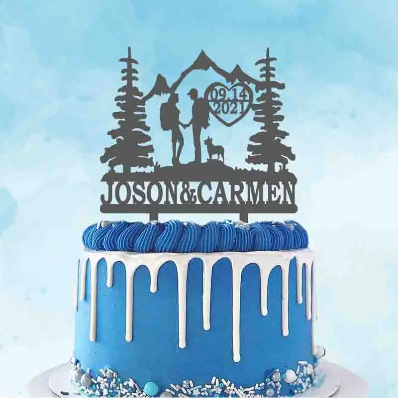 

Custom Name Date Couple Backpacking Hiking Mountains Cake Topper For Outdoor Wedding Party Cake Decoration Topper