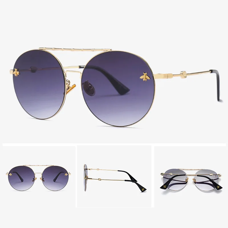 Q·VISELD Gradient Round Sunglasses Women Retro Metal Bee Sun Glasses Fashion High Quality Vintage Lunette De Soleil Femme