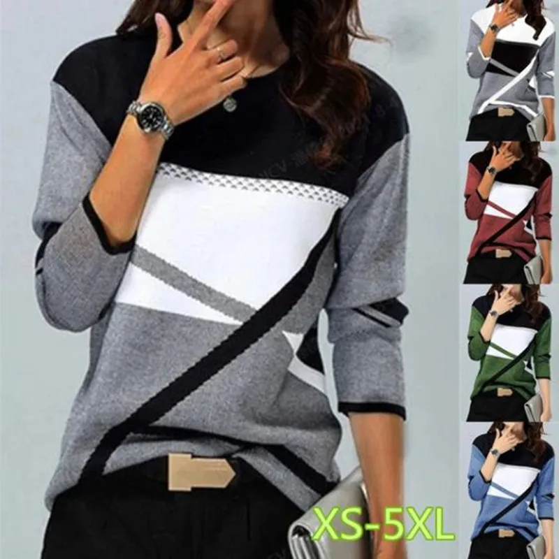 

Women's Clothes New Fashion Women's Color Stitching Printed Casual XS-5XL Ladies Round Neck T-shirt Loose Soft Printed Top