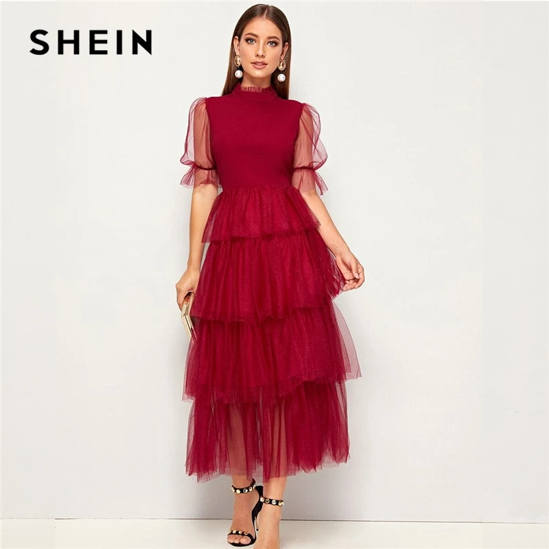 SHEIN модное многослойное Сетчатое платье с оборкой на шее и пышными рукавами однотонное женское платье трапециевидной формы со стоячим воротником весна-осень