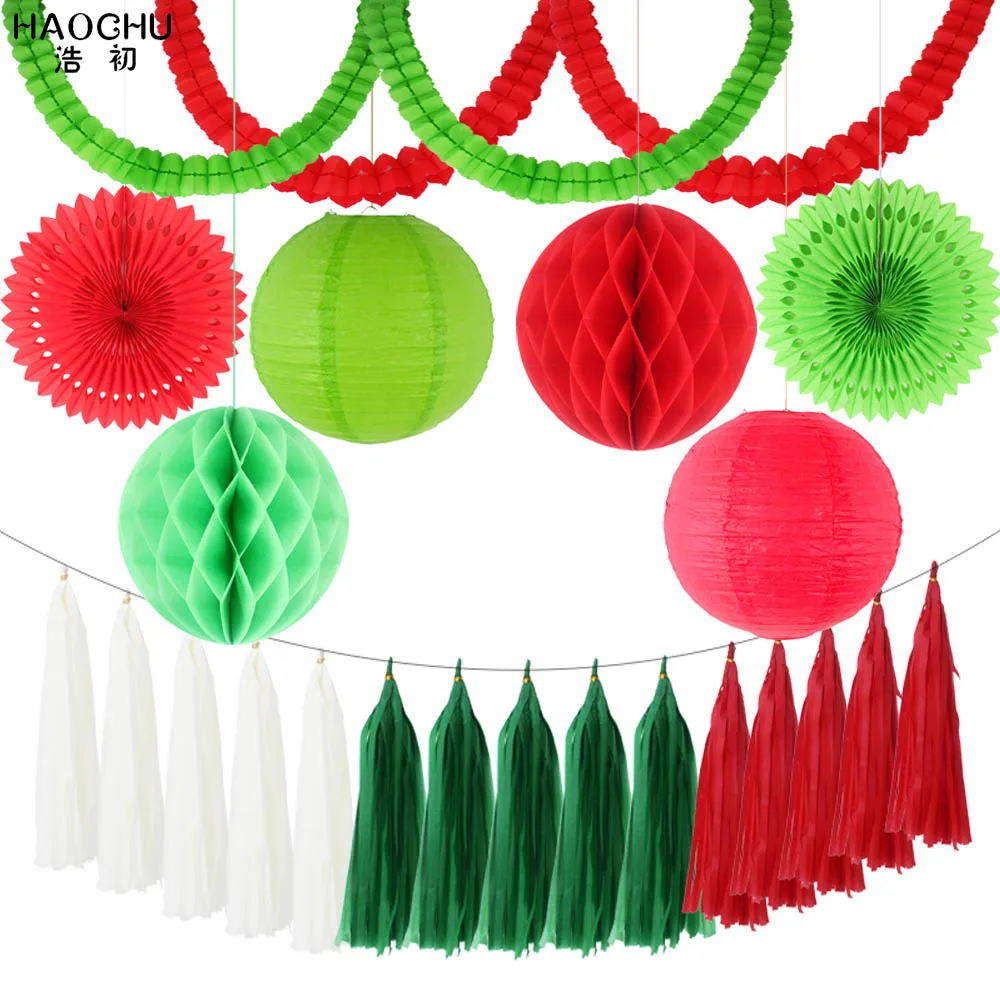 1Set 23pcs Mixed DIY Tissue Paper Tassel/Garland/Lantern/Fans/Honeycomb Balls Party Decorations Wedding Kids Unicorn Birthday - Цвет: Green Red