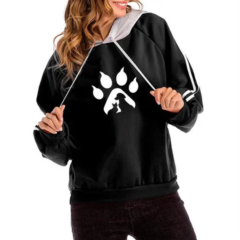 

Cotton Hoodies For Women Colorblock Hooded Cat Dog Paw Animal Print Sweatshirt Woman Kawaii Corduroy Harajuku Casual Hoody