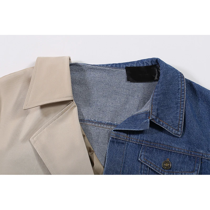 [EAM] Women Khaki Denim Split Temperament Trench New Lapel Long Sleeve Loose Fit Windbreaker Fashion Autumn Winter 2020 1DA966