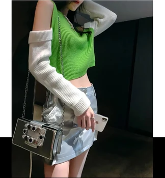 

Autumn off-shoulder contrast color new short women's knit sweater Slim long-sleeved top Korean hedging net red women's sweater
