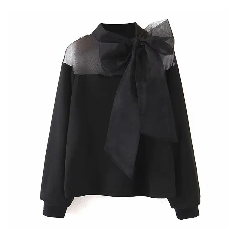 Женская милая Лоскутная Блузка с галстуком-бабочкой и воротником с длинным рукавом, женские повседневные черные топы, Черные блузы - Цвет: Черный