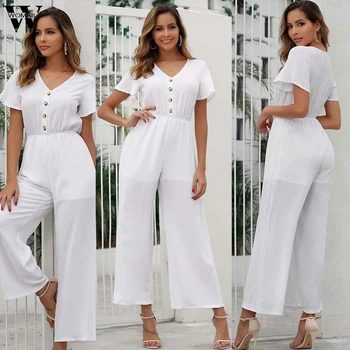 

Womail Jumpsuit Women Elegance Short Sleeve long Jumpsuit Romper Loose Button Overalls Summer Wide Leg Playsuit Workwear 827