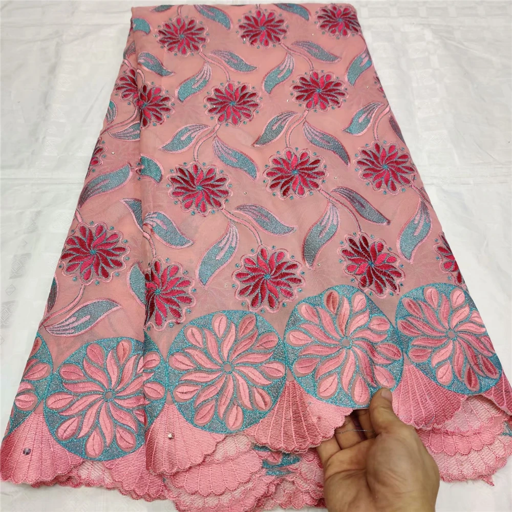 

Pink African 100% Cotton Lace Fabric Latest Swiss Voile Lace In Switzerland With Stones For Women Dress Party