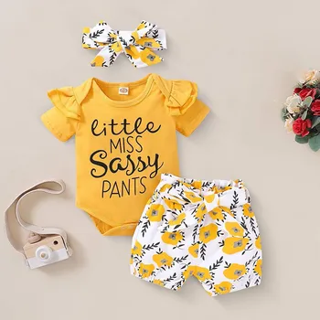 

3Pcs Newborn Baby Girl Short Sleeve Letter Print Romper+Bowknot Floral Print Short Pants+Headband Set Newborn Girl Clothes Y2