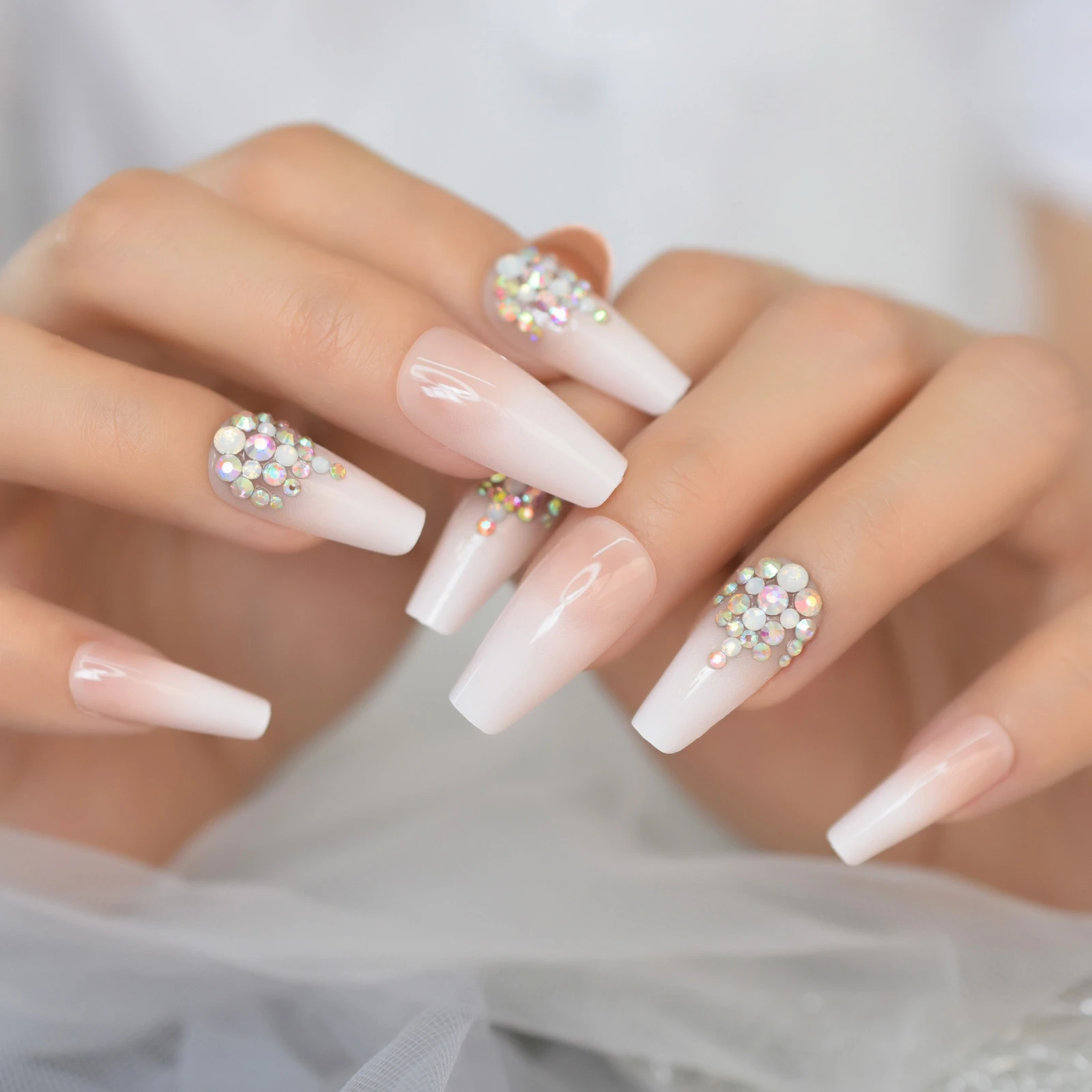 Bling Crystal Rhinestone Peach Pink Nude Ombre French Ballerina Coffin  False Nail Long Press On Ballet Fake Reusable Wear Nails - False Nails -  AliExpress