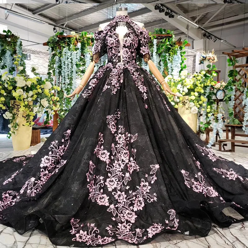 

Black Pink Long Prom Dress Robe De Soiree Embroidery 3D Flowers Vestidos Quinceanera Dresses Ball Gown Formal Evening Gala Dress