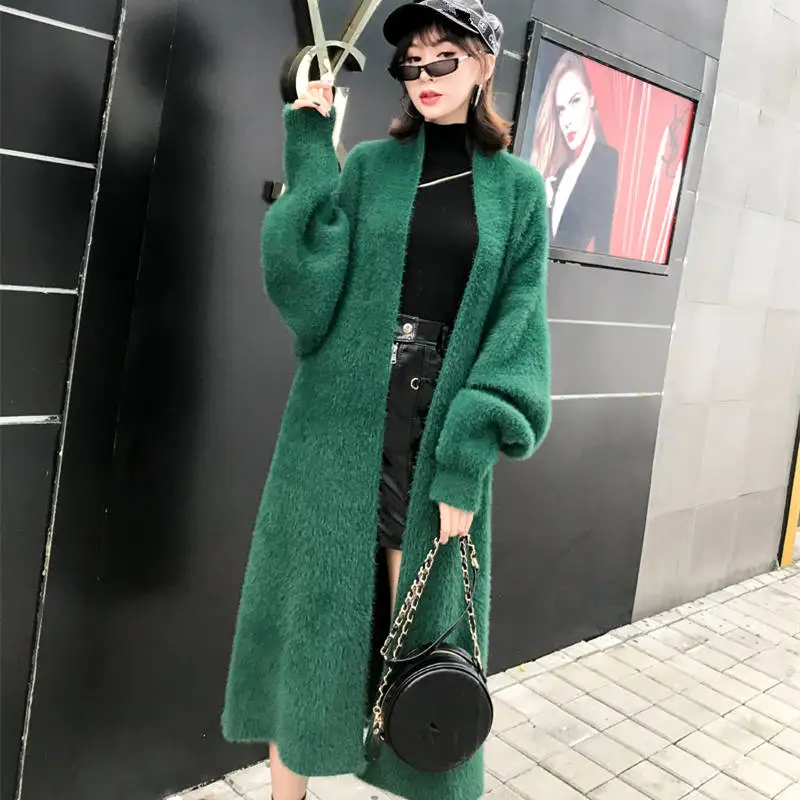 

Autumn Winter Thicken Faux Mink Cashmere Long Cardigan Women Green Sweater Jacket Female Knit Cardigan Sweaters Coat Women C5753