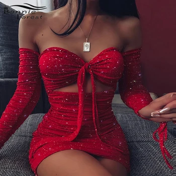 

Bonnie Forest Glitter Sequins Low Cut Bust Tie Bodycon Ruched Dress Sexy Off Shoulder Long Sleeve Bandage Party Dress Wholesale