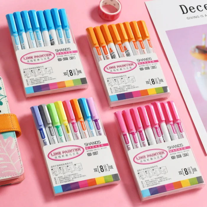 8 Pcs Double Line Contour Pen Color Marker Pen Student Marker Stationery Set FKU66