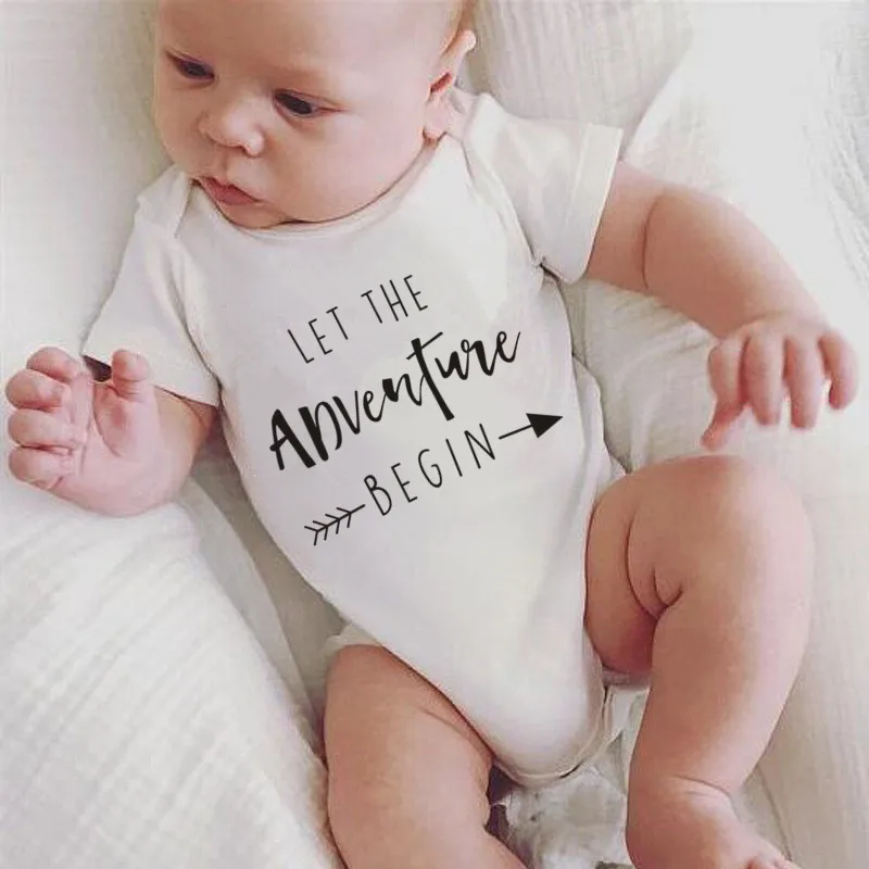

Cute Newborn Baby Clothes Short Sleeve Girl Boy Clothing Let The Adventure Begin Design Rompers Costumes White Cotton Onesie
