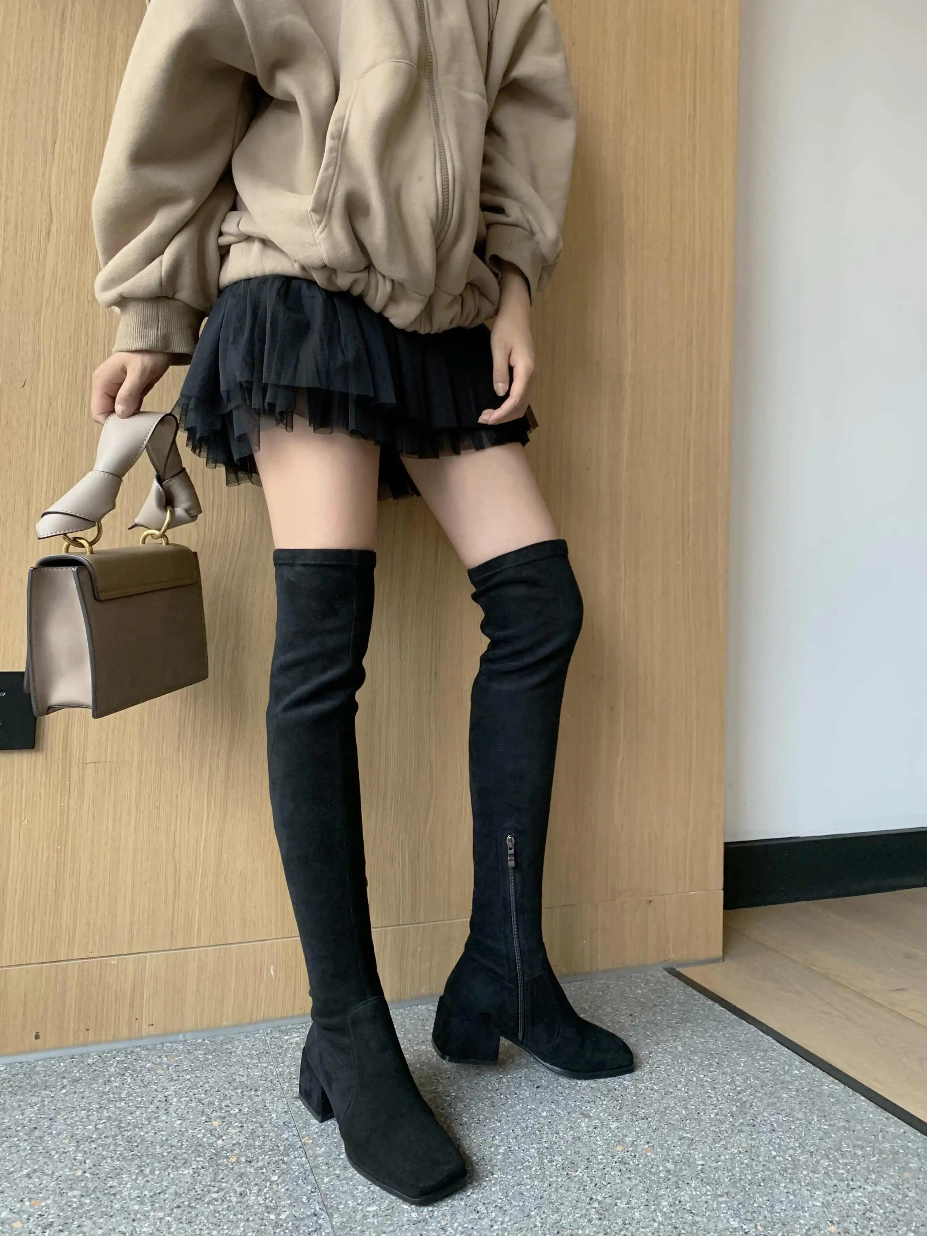 Lenkisen fashion square toe soft flock stretch boots med heels side zip winter women high street fashion thigh high boots L32