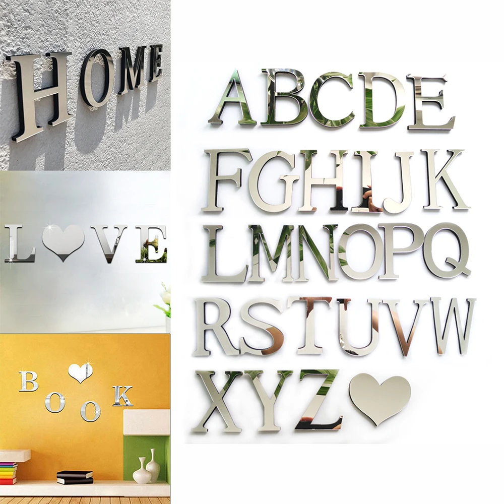 New 26 Letters Silver Mirror Wall Sticker Acrylic 3D Mirrored Decor Stickers Decals DIY English Home | Дом и сад