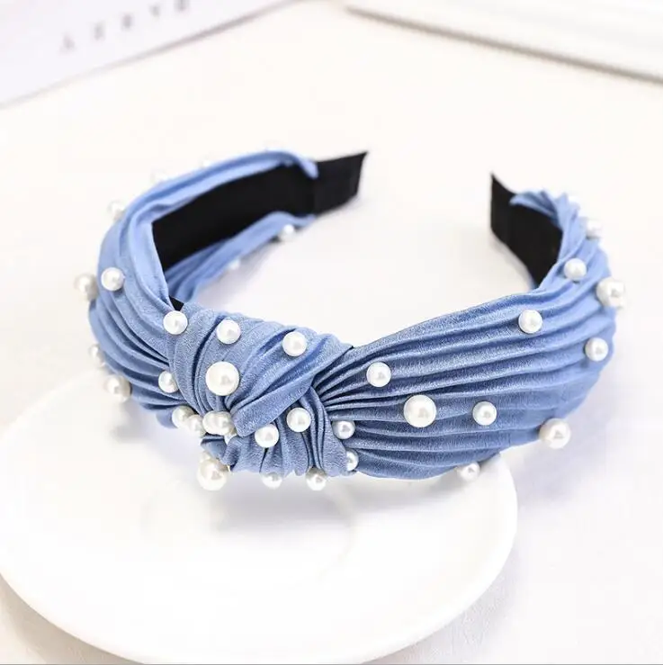 Новая модная женская повязка для волос ободок на голову с жемчугом для взрослых головные уборы с бантом мятая ткань весна тюрбан высокое качество аксессуары для волос - Цвет: blue hairband