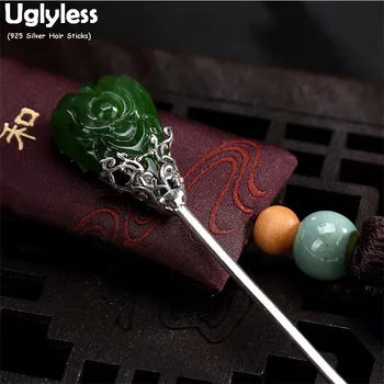 

Uglyless Natural Green Jade Flower Hair Sticks for Women Real 925 Silver Hair Decorations Eastern Ethnic Hair Forks Thai Silver