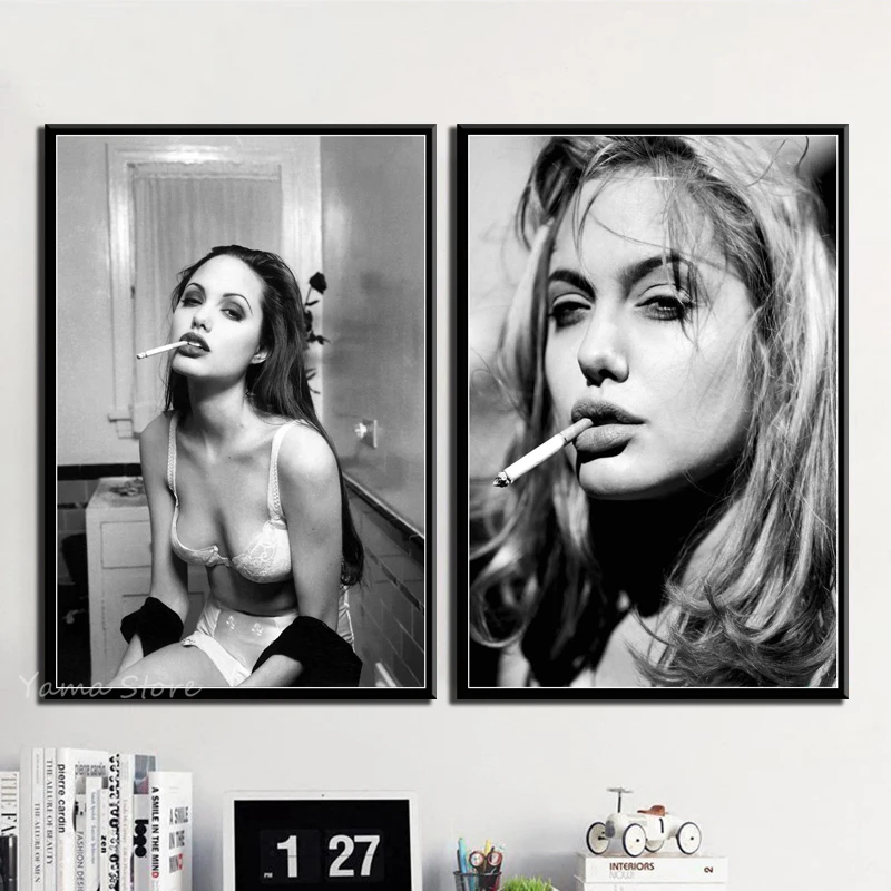 主图_P692_Angelina_Jolie_Sexy_Hot_Movie_Star_Acrtess_Black_And_White_Smoking_Art_Painting_Silk_Canvas