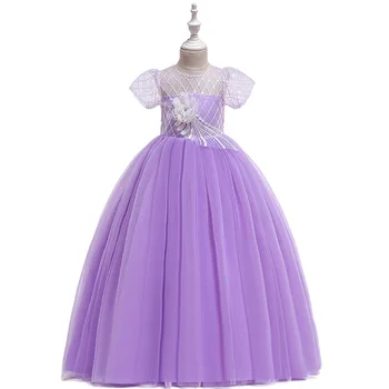 

Vintage Princess Emboidery Trailing Dress Children Flower Dresses for Girls Formal Pageant Teenager Girl Wedding Party Lace Gown