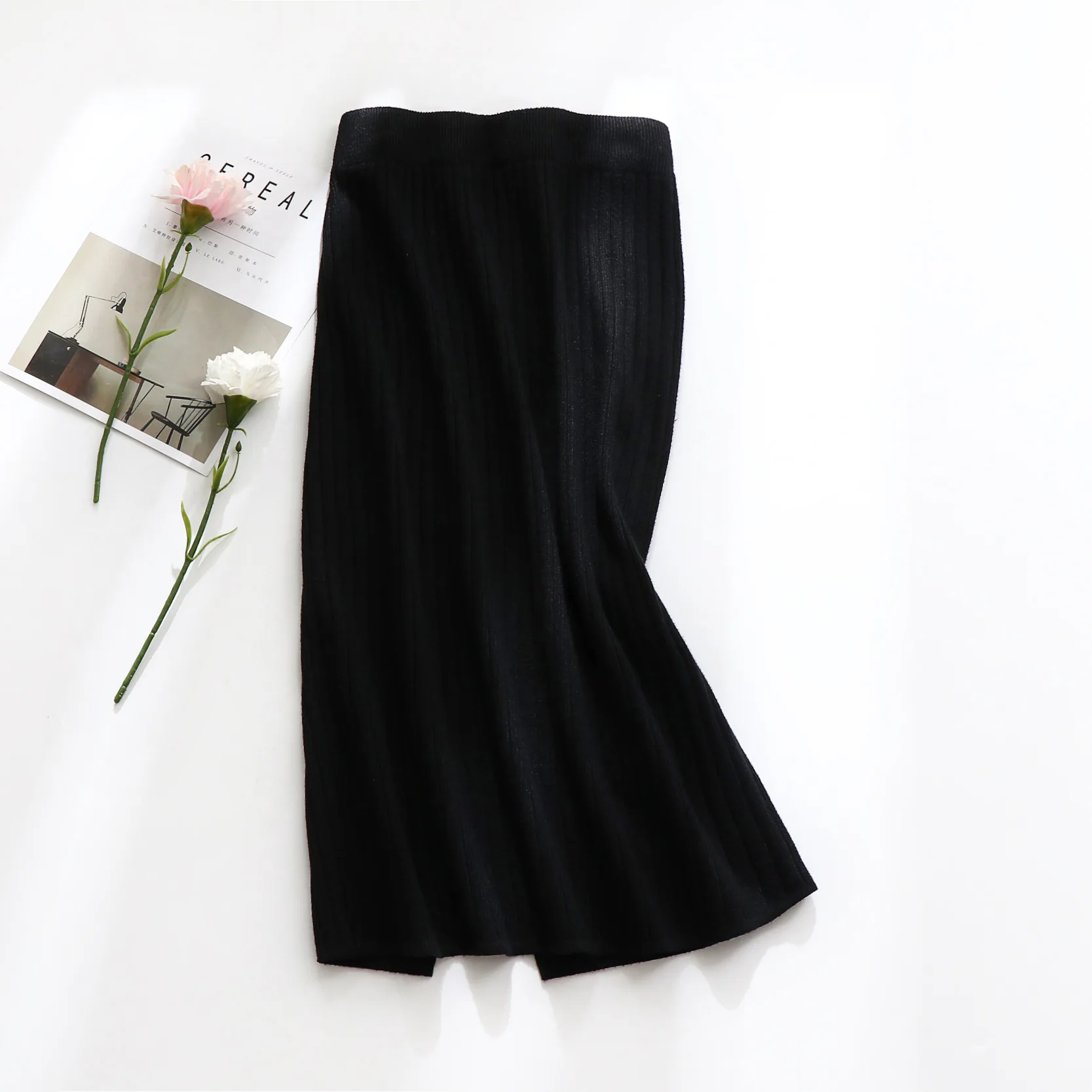 Вязанная женская осенняя облегающая юбка миди с высокой талией, хорошее качество, женская зимняя черная юбка-карандаш, Faldas Jupe Femme Saia - Цвет: Черный