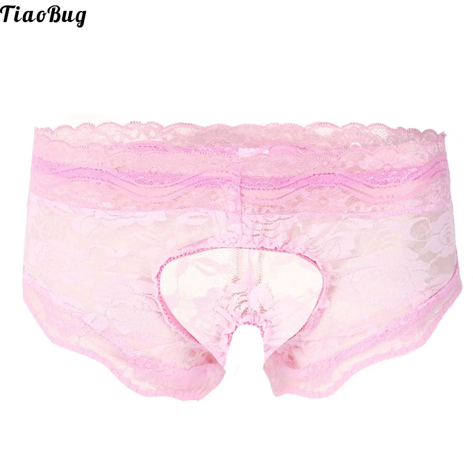 

TiaoBug Summer Men Sissy See-Through Lace Crotchless Swimwear Bikini Briefs Thong Floral Pattern T-Back Underwear Underpants