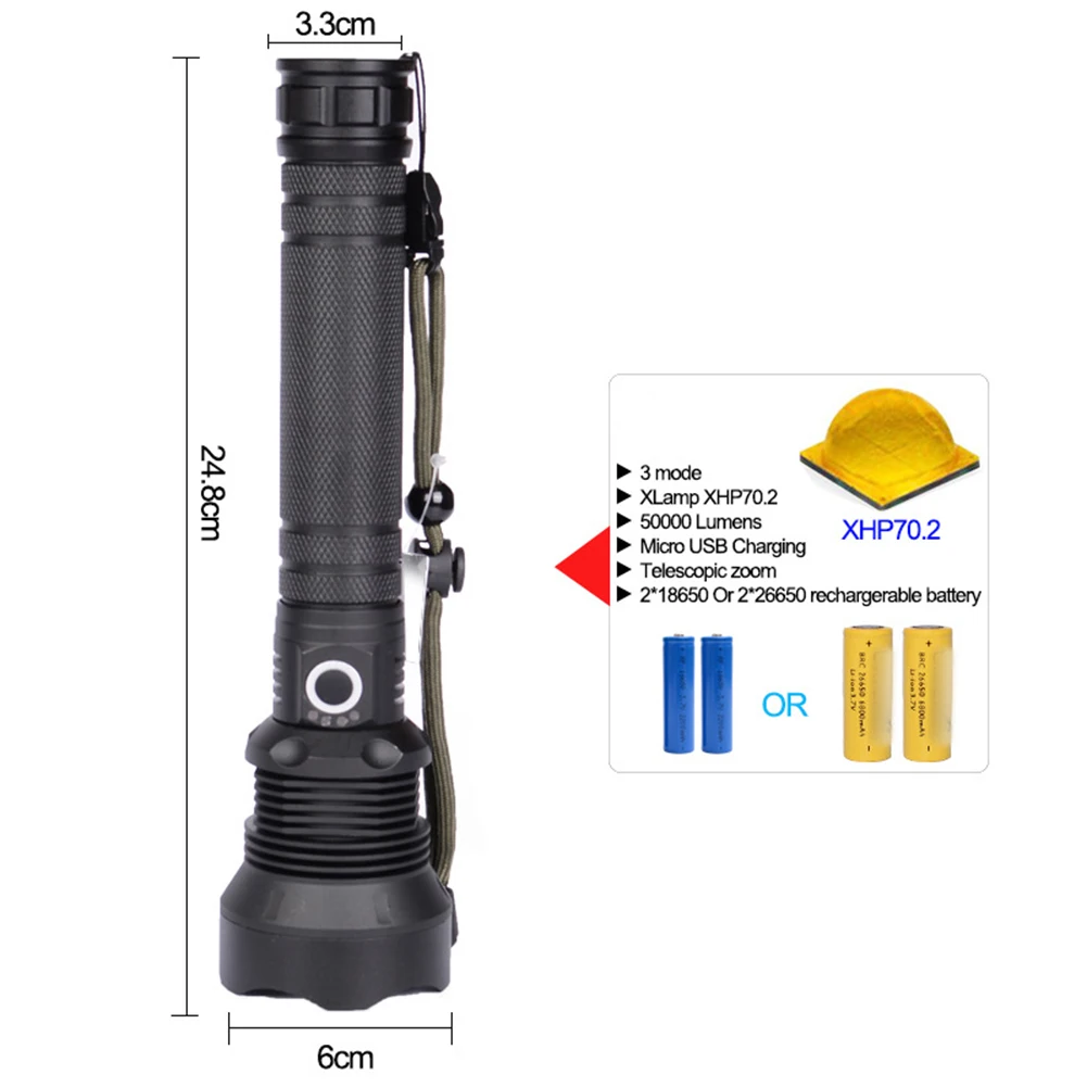 Sale Offer for  Rechargeable Super Bright Flashlight Outdoor XHP70 LED Torch Tactical Zoomable Military FlashlightW