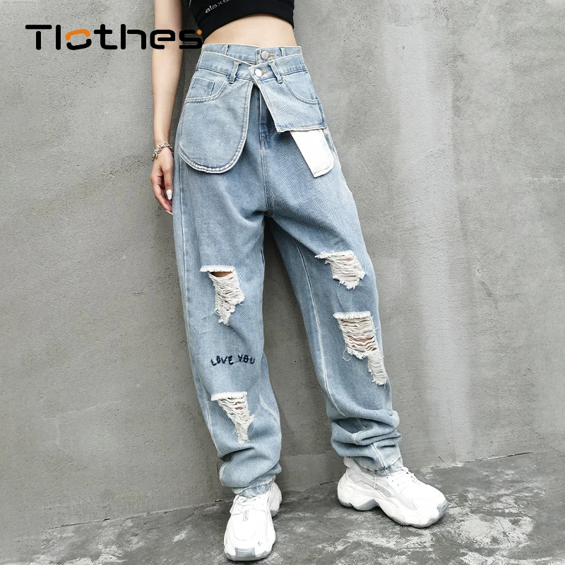 

Fashion Design Wide Leg Pants Woman Jeans High Waist Trousers Women Slim Hole Denim Pants Straight Pants Ripped Jeans Streetwear