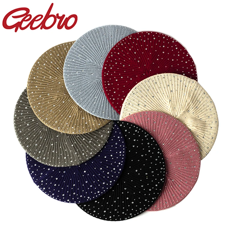 Beret hat woolen beret Geebro Women autumn winter beret hat female knitted casual berets luxury rhinestone sequins caps fashion solid color Gorros