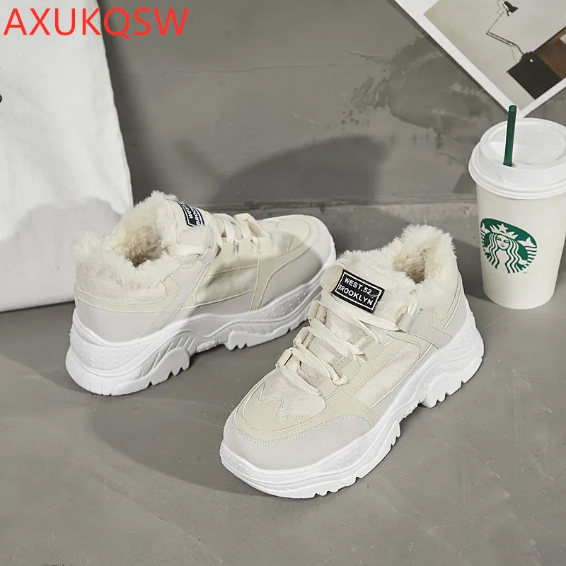 Beige Зимние женские теплые кроссовки 35-40 нескользящие плюшевые меховые теплые женские туфли с платформой женские сапоги женские теннисные туфли - Цвет: Beige