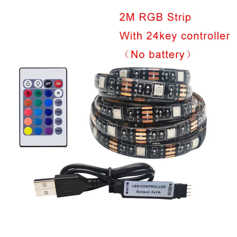 5 в постоянного тока USB RGB Светодиодные полосы света DC 5 В без батареи светодиодные полосы света ТВ RGB 0,5 м 2 м 3key 24key дистанционное управление Гибкая клейкая лента - Испускаемый цвет: 2m 24key Controller