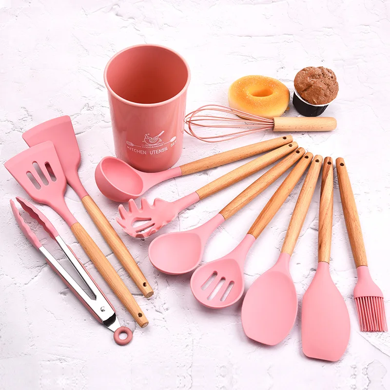 

Silicone Kitchenware 11-Piece Kitchenware Set With Wooden Handle Cooking Set Nonstick Kitchenware Candy Pink Kitchen Tools