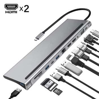 

12-In-1 USB Type-C Hub to Dual -Hdmi Rj45 Multi USB 3.0 Power Adapter Docking Station for Laptop Support Pd Transmission