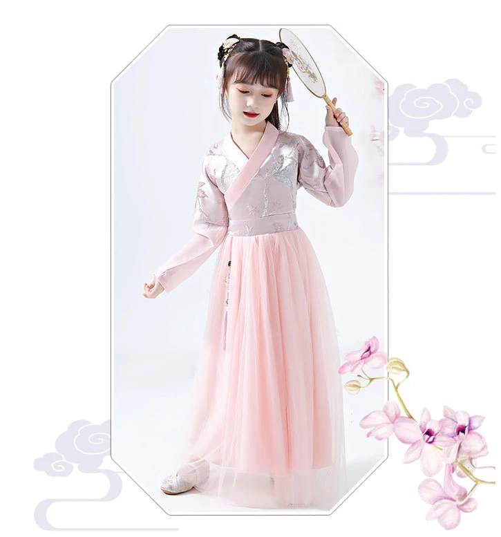 Платье принцессы с длинными рукавами; осенний китайский костюм Hanfu для девочек; платье для сцены; юбка Hanfu