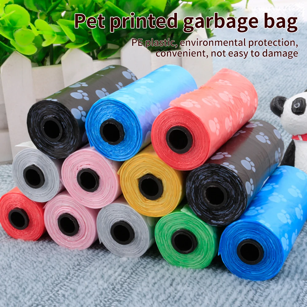 Bolsas de basura degradables para mascotas, dispensador de residuos para perros y gatos, Impresión de pata de perro, productos al aire libre, Multicolor, 15 Uds. Por rollo