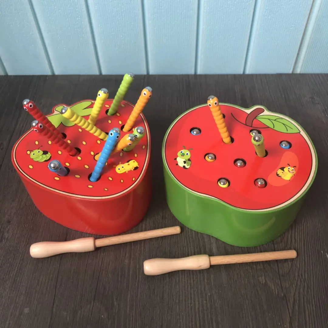

Children Wooden Catch Worm Gaming Desktop Montessori Education Toy Early Education Magnetic Fruit