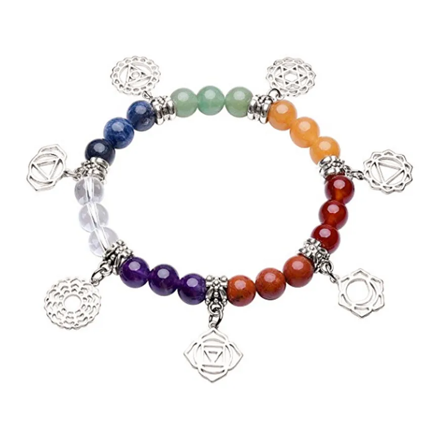 FYJS Unique Silver Plated Yoga Connect Colorful Stones 8 mm Round Beads Bracelet Healing Balancing Chakra Jewelry