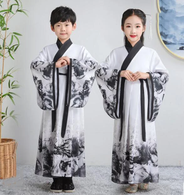 Ink-WideSleeve Традиционный китайский древний костюм, сценический костюм Hanfu для мальчиков и девочек, костюм Танга для детей, платье для выступлений, вечерние костюмы династии Цин - Цвет: Ink-WideSleeve