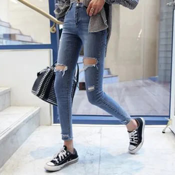 

2020 Spring New Style Korean-style Students High-waisted Rotten with Holes Jeans Women's Slimming Slim Fit Pants Trousers