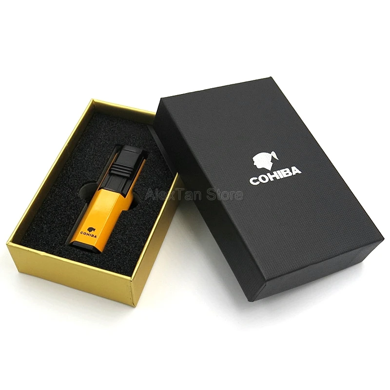 COHIBA высококачественный ветрозащитный 2 фонарь Jet Flame Зажигалка для сигар W/удар COHIBA желтый и серый