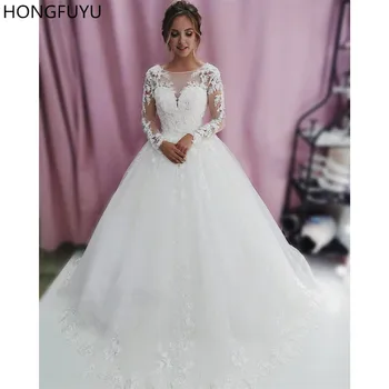 

HONGFUYU Tulle Long Sleeves Wedding Dress 2020 Sheer Scoop Neckline A Line Lace Bridal Gowns with Appliques vestidos de noiva