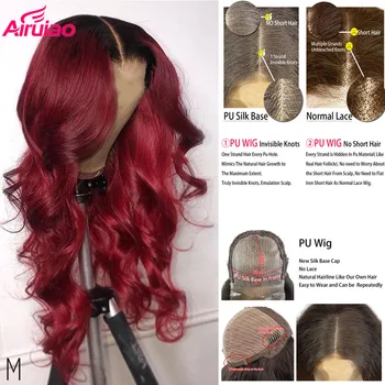 

Colored Red 4x4 Silk Top Body Wave Wig Ombre 99j Burgundy Lace Front Closure Invisible PU Silk Base Human Hair Wig Remy Prepluck