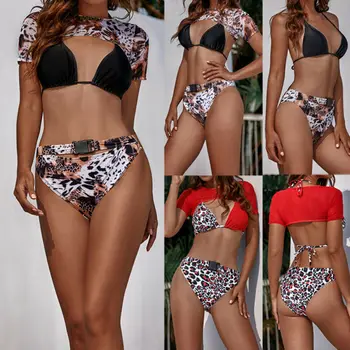 

3PCS Women's Short Sleeve Mesh Bikini Set Padded Bra Short Sleeve Top High Waist Buckle Shorts Swimwear Beach Bathing Suit