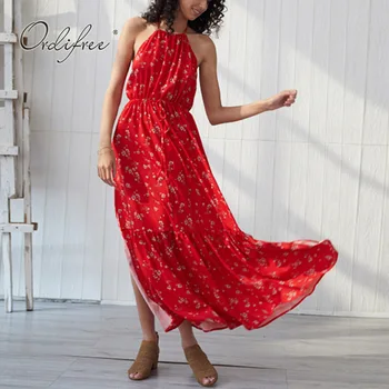 

Ordifree 2020 Summer Women Long Chiffon Dress Off Shoulder Halter Sexy Backless Floral Maxi Tunic Beach Dress