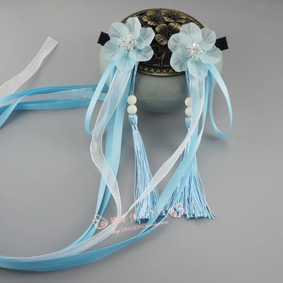 Blue Цветок древний стиль Hanfu аксессуары для волос Han элемент Длинная кисточка зажим для волос маленький головной убор девушки боковая заколка головной убор - Color: Blue