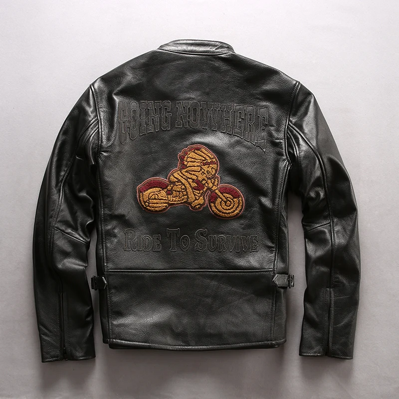 

Men's Top Cow Brand Designer Genuine Leather Vintage Embroidery Skulls Jacket Male Retro Motorcycle Rider Coats