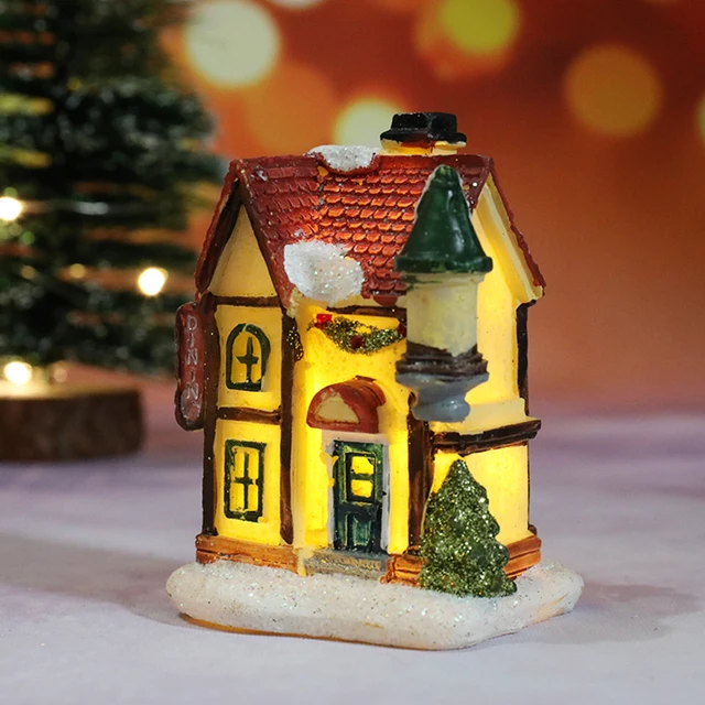 LED Noël Mini Snow House Glowing Village House Village de Noël Glowing  Village House Ornement en résine de bureau pour la décoration de Noël 