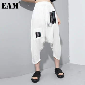 

[EAM] High Elastic Waist Striped Split Linen Harem Trousers New Loose Fit Pants Women Fashion Tide Spring Summer 2020 1U054